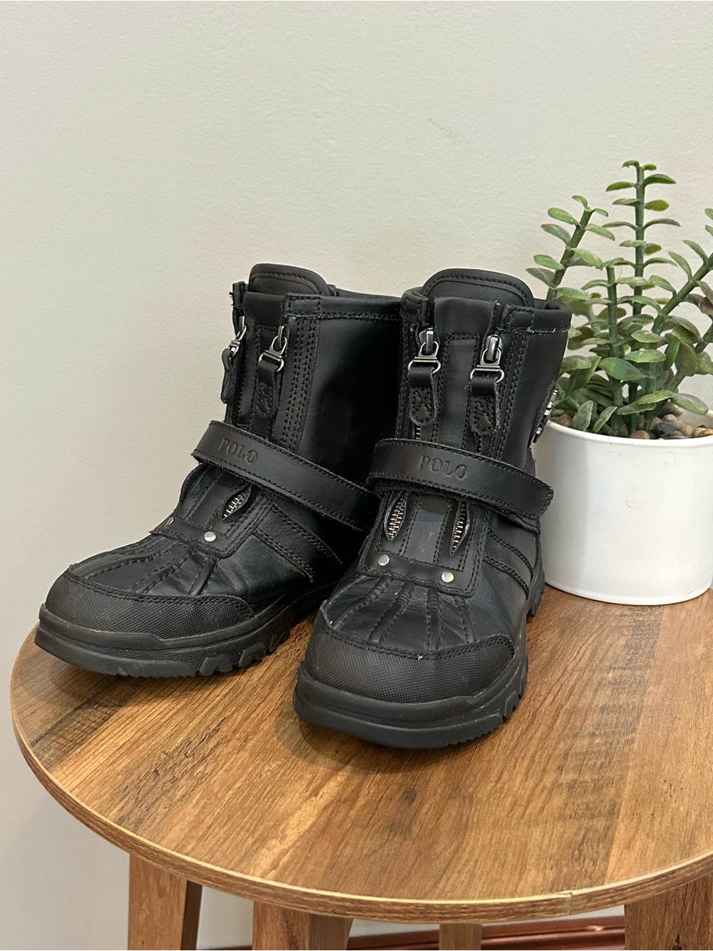 Polo Ralph Lauren Boys Black Leather Combat Boots Size 3 Y2K